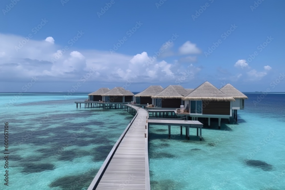Amazing drone view of the beach and water with beautiful colors. Paradise scenery water villas with amazing sea and beach, tropical nature. summer vacation. Amazing drone view of the beach and water with beautiful colors. Paradise scenery water villas with amazing sea and beach, tropical nature. summer vacation.