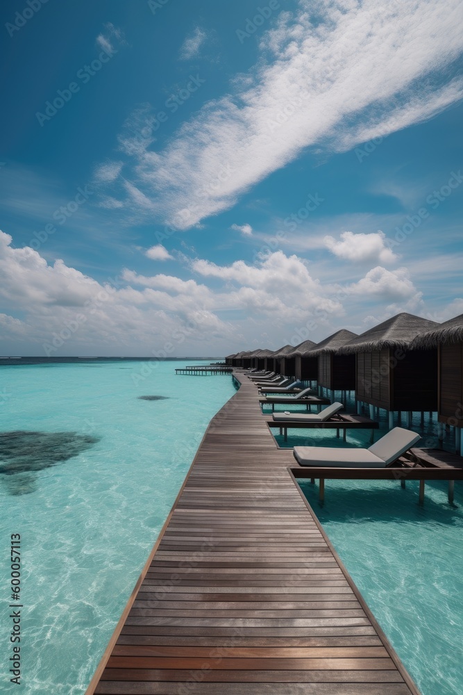 Amazing drone view of the beach and water with beautiful colors. Paradise scenery water villas with amazing sea and beach, tropical nature. summer vacation. Amazing drone view of the beach and water with beautiful colors. Paradise scenery water villas with amazing sea and beach, tropical nature. summer vacation.