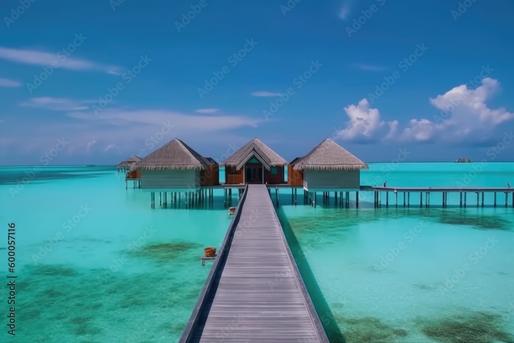 Amazing drone view of the beach and water with beautiful colors. Paradise scenery water villas with amazing sea and beach, tropical nature. summer vacation. Amazing drone view of the beach and water with beautiful colors. Paradise scenery water villas with amazing sea and beach, tropical nature. summer vacation.