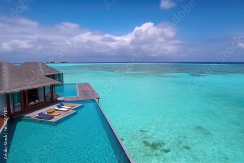 Amazing drone view of the beach and water with beautiful colors. Paradise scenery water villas with amazing sea and beach  tropical nature. summer vacation.