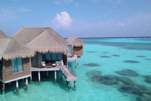 Amazing drone view of the beach and water with beautiful colors. Paradise scenery water villas with amazing sea and beach, tropical nature. summer vacation.