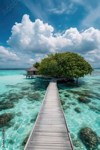 Amazing drone view of the beach and water with beautiful colors. Paradise scenery water villas with amazing sea and beach, tropical nature. summer vacation.