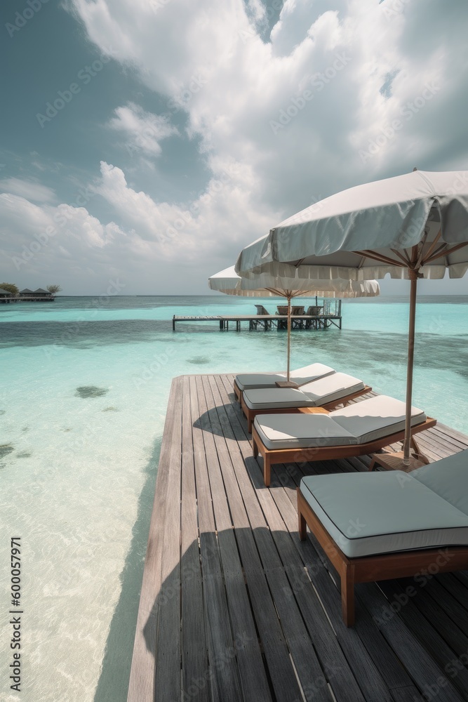 Amazing drone view of the beach and water with beautiful colors. Paradise scenery water villas with amazing sea and beach, tropical nature. summer vacation.