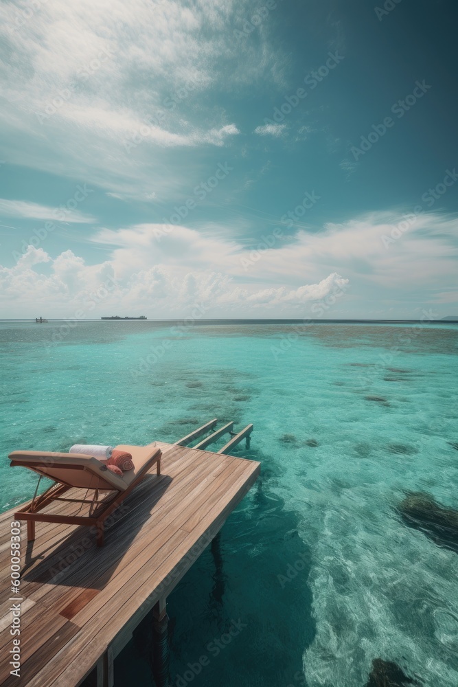 Fototapeta premium Amazing drone view of the beach and water with beautiful colors. Paradise scenery water villas with amazing sea and beach, tropical nature. summer vacation.