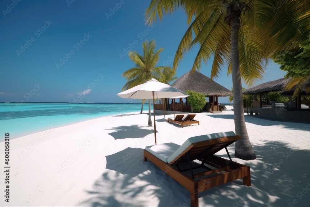 Obraz premium Amazing drone view of the beach and water with beautiful colors. Paradise scenery water villas with amazing sea and beach, tropical nature. summer vacation.