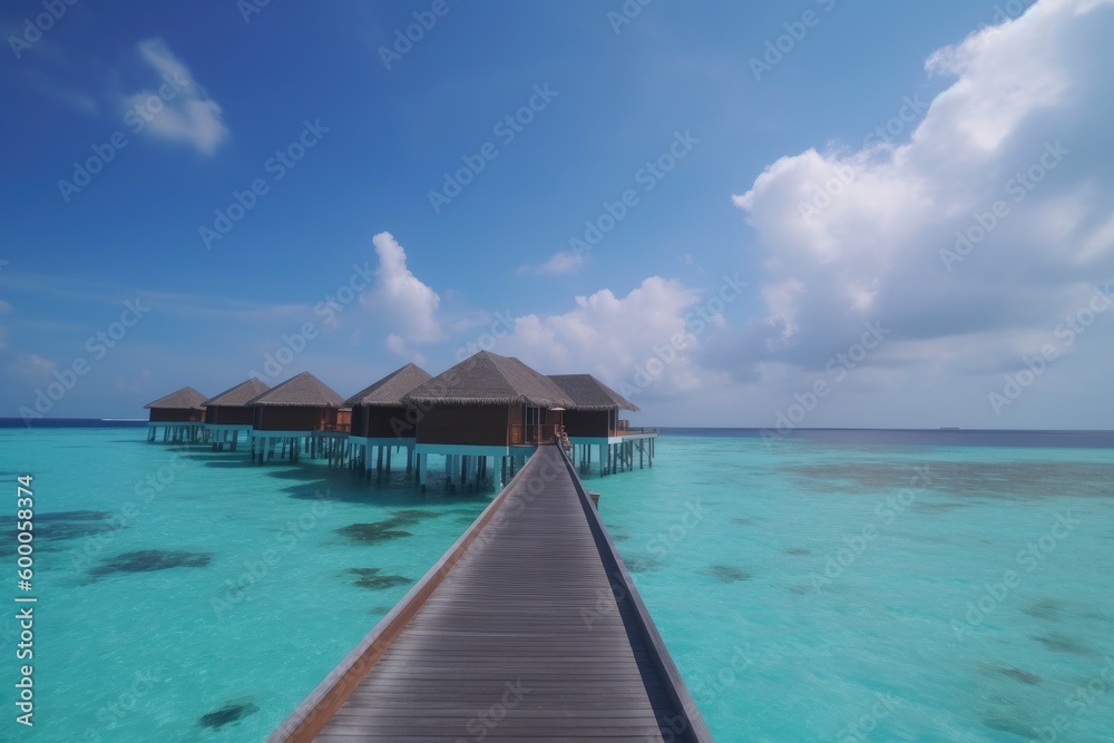 Amazing drone view of the beach and water with beautiful colors. Paradise scenery water villas with amazing sea and beach, tropical nature. summer vacation.