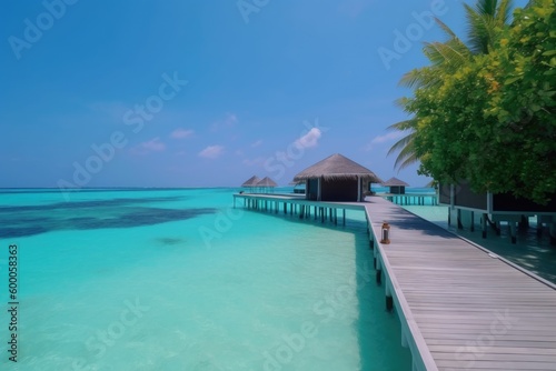 Amazing drone view of the beach and water with beautiful colors. Paradise scenery water villas with amazing sea and beach, tropical nature. summer vacation.