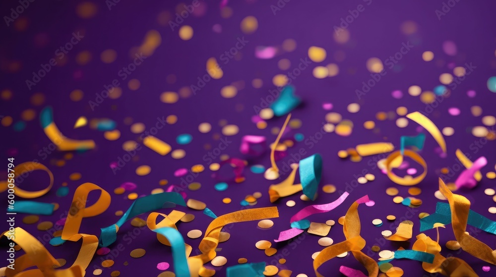 Celebration background with confetti. Holiday illustration with flying colorful particles of paper from cracker on purple background. generative ai