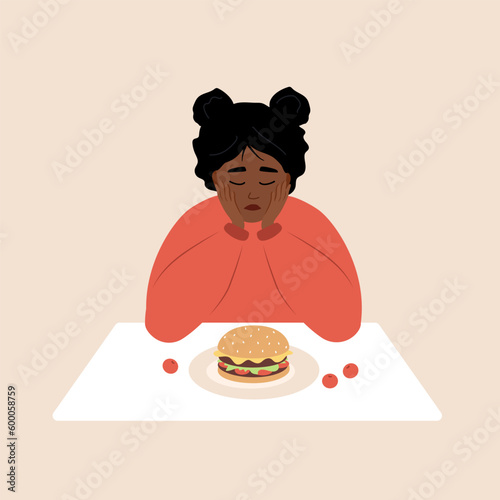 Eating disorder. Sad african woman looks at hamburger and worries about being overweight. Overeating, bulimia, anorexia. Food addiction concept. Vector illustration in flat cartoon style.