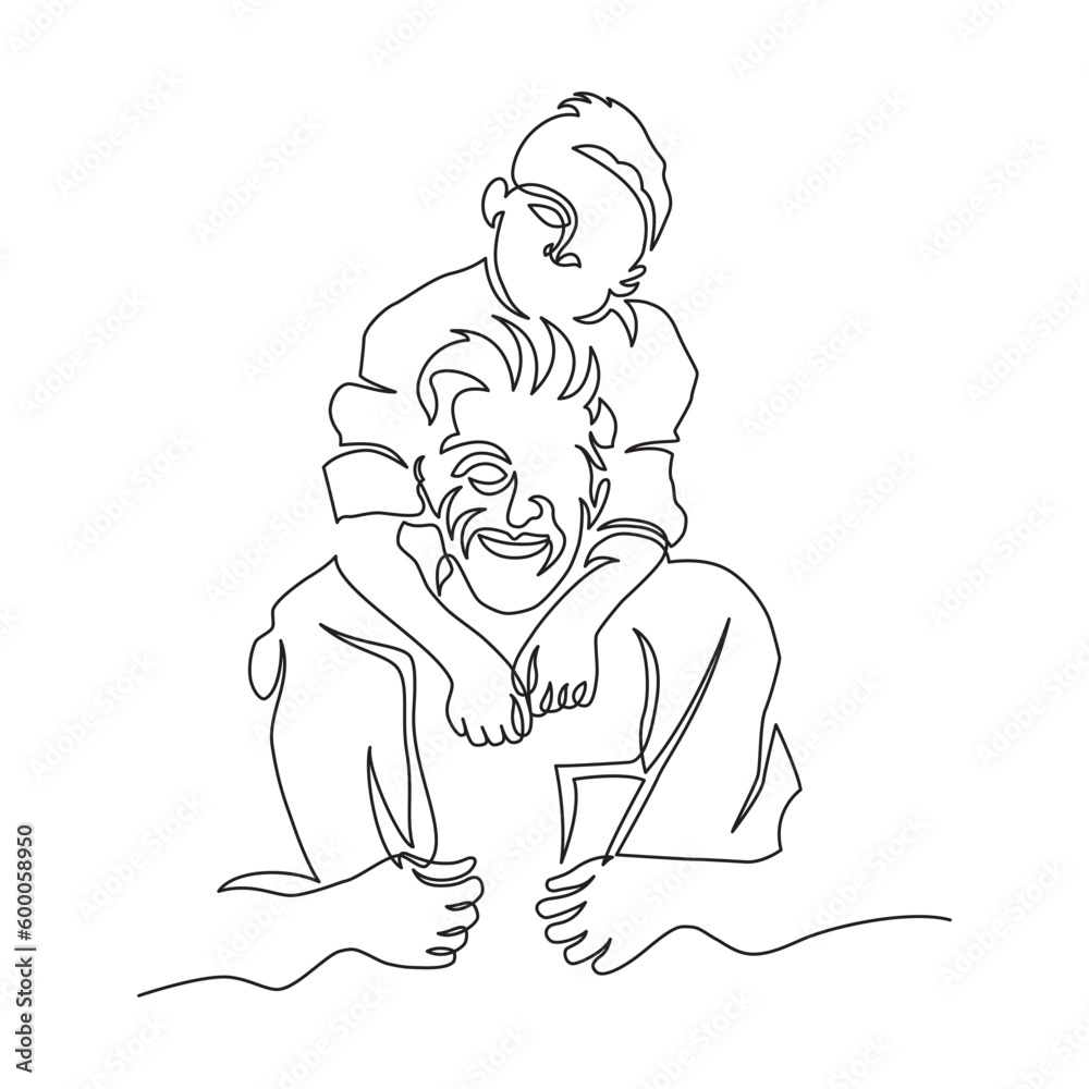 Father giving son ride on back. Portrait of happy father giving son piggyback ride on his shoulders. Cute boy with dad in vector illustration continuous line.