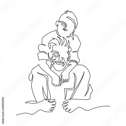 Father giving son ride on back. Portrait of happy father giving son piggyback ride on his shoulders. Cute boy with dad in vector illustration continuous line.