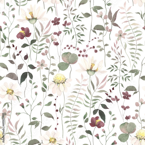 Fototapeta Naklejka Na Ścianę i Meble -  Floral pattern from wildflowers, abstract plants and branches, watercolor isolated seamless illustration for background, textile, wallpapers or floral decorative print.