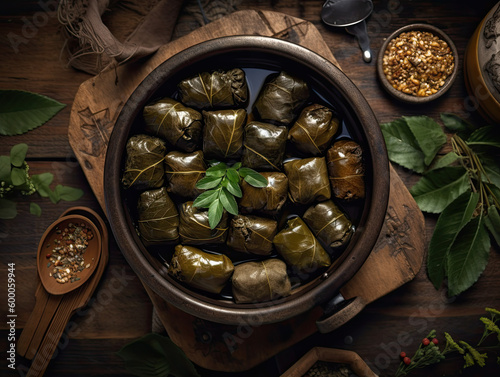  Top view of Dolmades in a rustic kitchen background. Stuffed grape leaves with rice and meat on dark table. Middle eastern cuisine. Generative ai photo