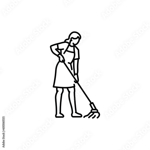 Cleaning woman with a mop black line icon.