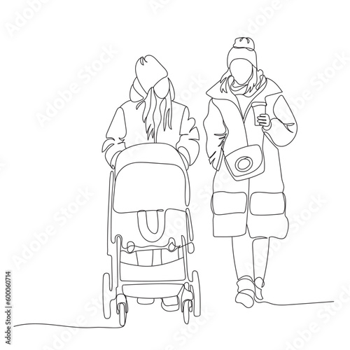 2 women walking with baby stroller outdoor. Wearing coats and hats, holding a coffee on cold winter day. Vector illustration in line art style.