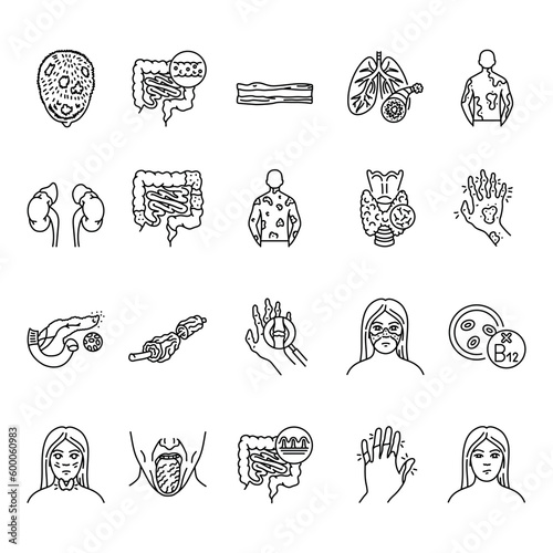 Autoimmune diseases black line icons set.