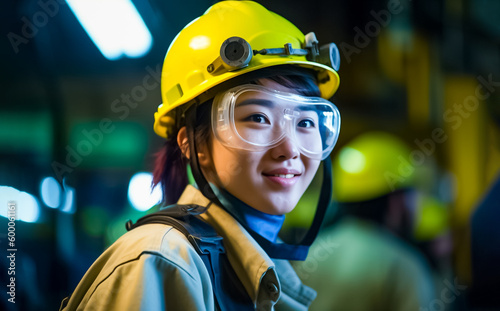 Expertise on display as a young Asian woman works heavy machinery in a factory, dressed in protective gear and with machinery and gear emphasized. generative AI