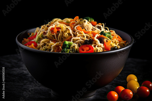 fried vegetables noodles in black bowl, served with vegetables and herbs, spicy asian lunch. Generative ai photo