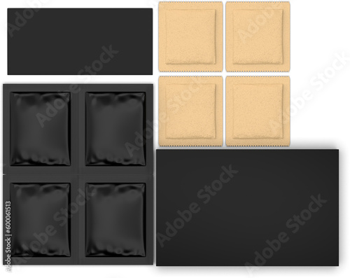 3d rendering transparent sachet mockup and blank paper