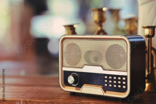 vintage radio on wooden table