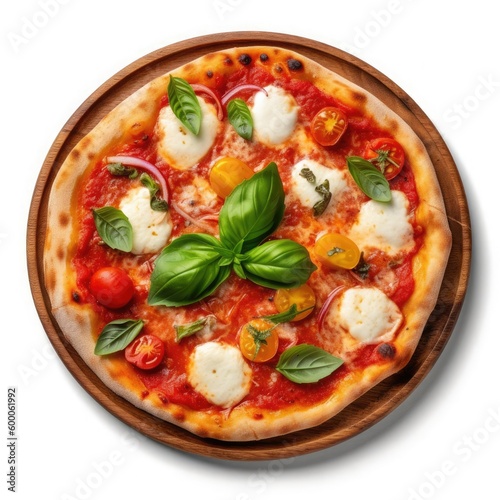 Top view of Pepperoni pizza with basil leaves on wooden board isolatedon white background. Generative ai