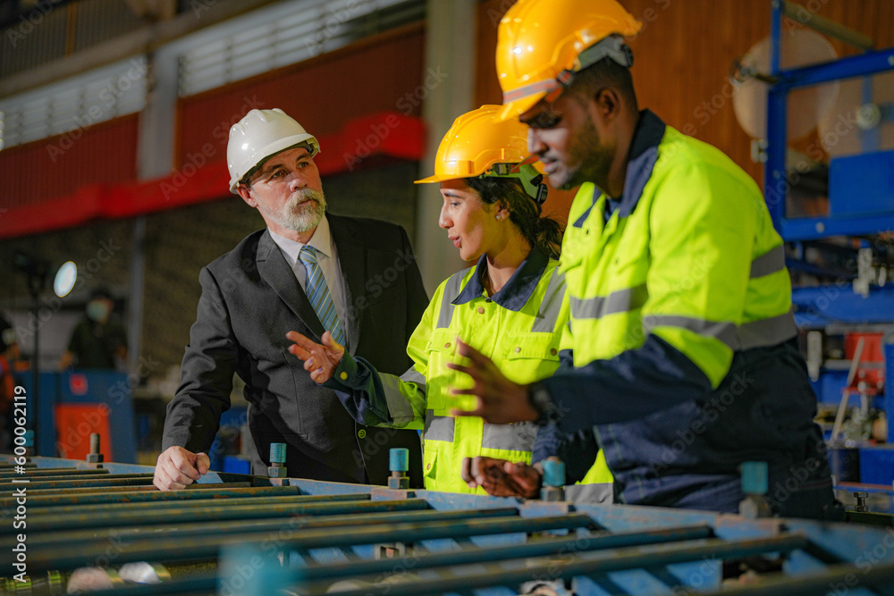 Senior boss manager inspecting with staff engineers woman and African ...