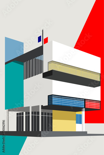 Vector de Edificio Bauhaus geométrico abstracto de colores, porter retro bauhaus para pared, formas geométricas rectangulares de colores para fondo de 
pantalla, cartel de portada decorativo