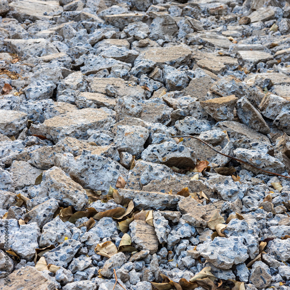 Close-up background of concrete road debris that has been demolished.