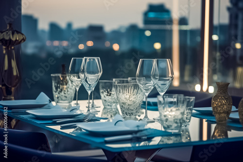 A luxurious dinner is set on a marble table with glass and ceramic dishes  silverware  and a stunning cityscape view in the background. The dinner takes place on a rooftop at twilight. generative AI.