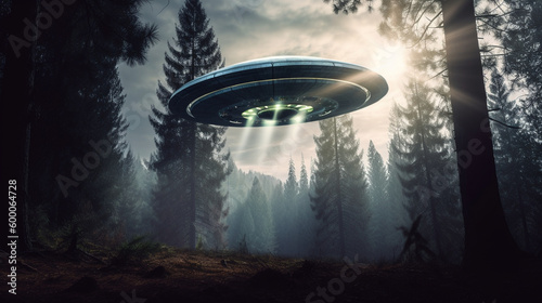 UFO flying hovering in the mountain forest - generative A.I.