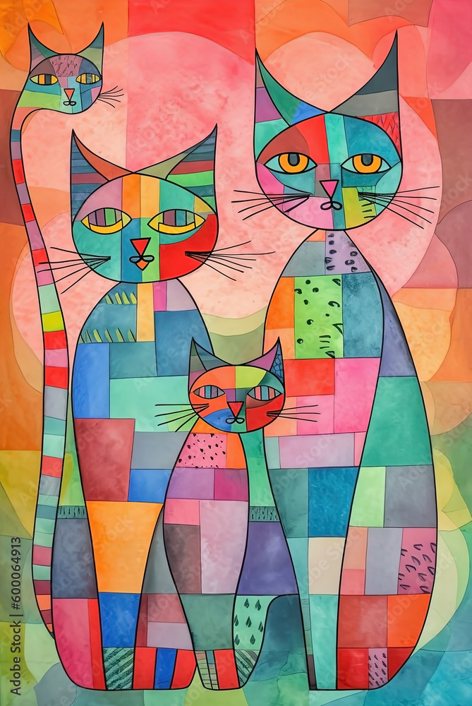 Abstract art colorful cats background. Modern expressionism painting. Ai generated - obrazy, fototapety, plakaty 