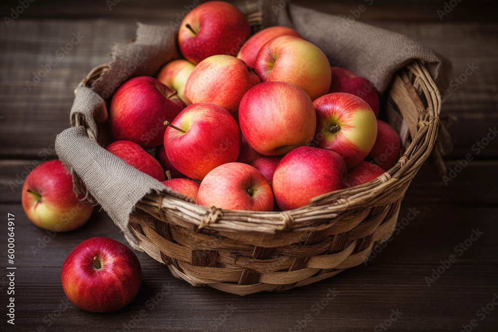 Basket full of ripe apples on wooden background, Generative AI Basket full of ripe apples on wooden background, Generative AI