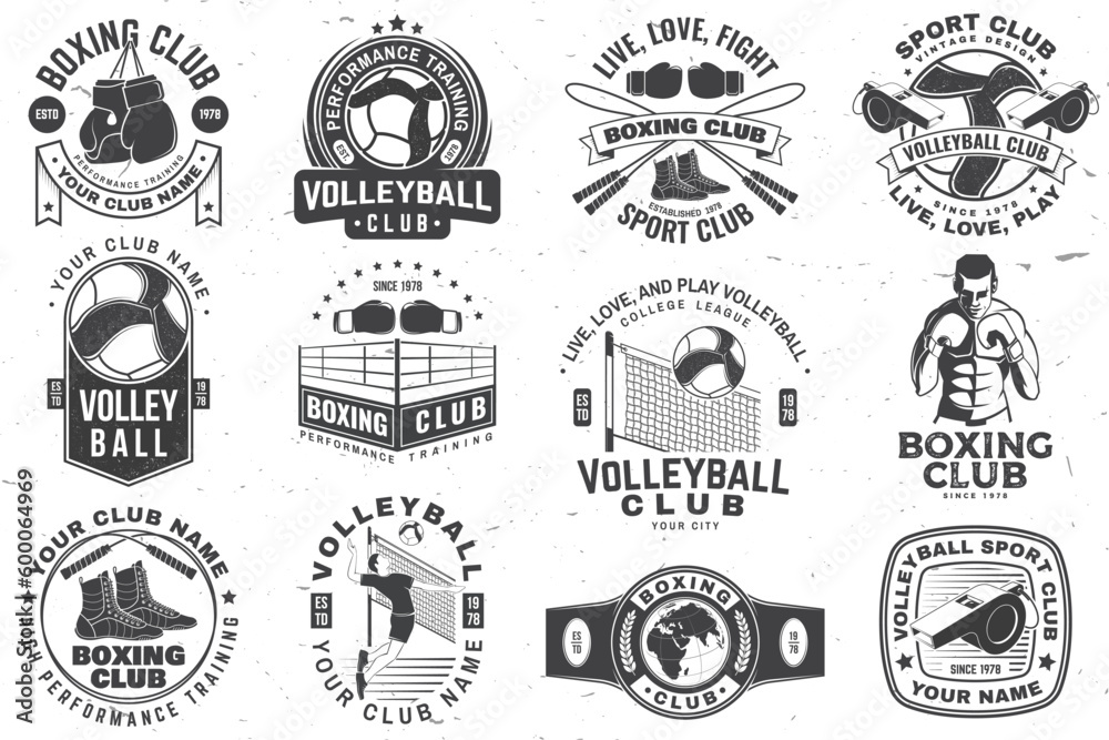 Set of Boxing club and Volleyball club badge, logo design. Vector. Vintage monochrome label, sticker with volleyball ball, player, referee whistle, Boxer, gloves, boxing jump rope and shoes.