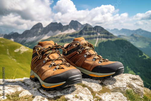 Trekking shoes standing on a stone in mountains, Generative AI