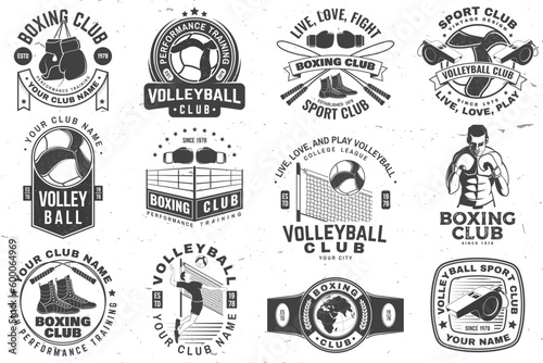 Set of Boxing club and Volleyball club badge, logo design. Vector. Vintage monochrome label, sticker with volleyball ball, player, referee whistle, Boxer, gloves, boxing jump rope and shoes.