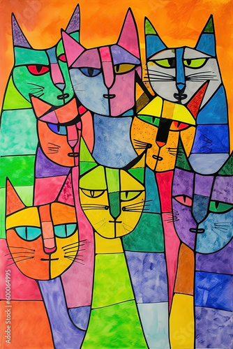 Abstract art cats colorful background. Contemporary painting. Ai generated