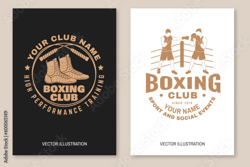 Set of Boxing club badge, logo design. Vector illustration. For Boxing sport club emblem, sign, patch, shirt, template. Retro poster, banner with Boxer, gloves, boxing jump rope and shoes Silhouette.