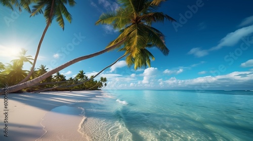 Sandy beaches with turquoise water  palm trees  sunny environment. Generative AI