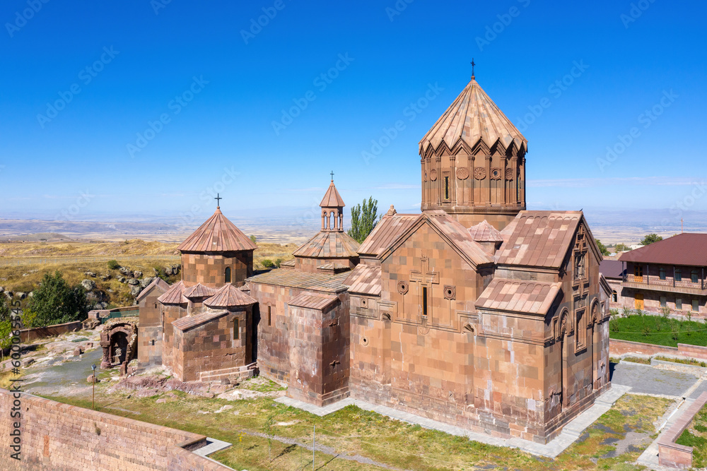 Drone view of Harichavank monastery on sunny summer day. Harich village, Shirak Province, Armenia.