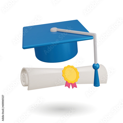 Realistic 3d icon college cap, diploma, close up of paper scroll with red ribbon and golden medal. Vector Illustration. College cap, graduation cap, mortar board element for college graduate