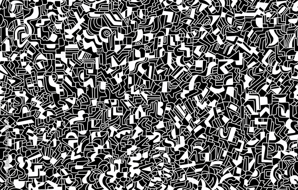 Black and white abstract drawing hand-drawn in scribbles on a black background.Seamless pattern. Black and white abstract drawing hand-drawn in scribbles on a black background.Seamless pattern.