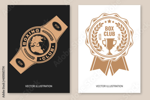 Set of Boxing club badge, logo design. Vector illustration. For Boxing sport club emblem, sign, patch, shirt, template. Retro poster, banner with champion belt, golden cup Silhouette.