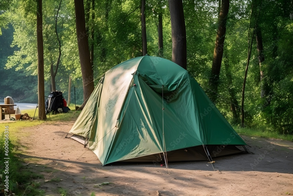 A green tent sits at a campsite surrounded by nature.