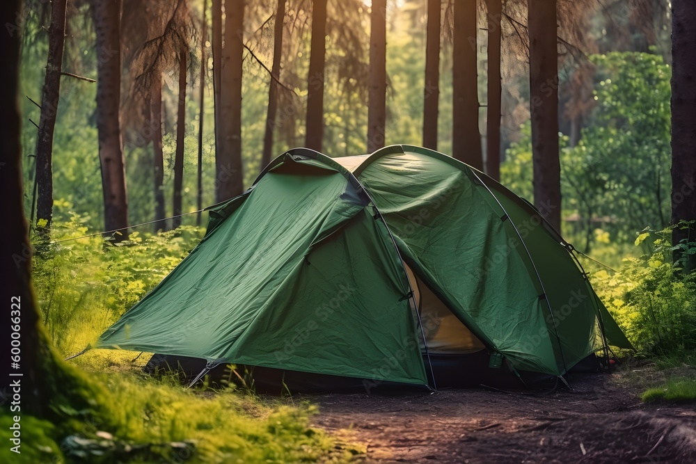 A green tent is set up in a campground for a picnic during a camping trip.