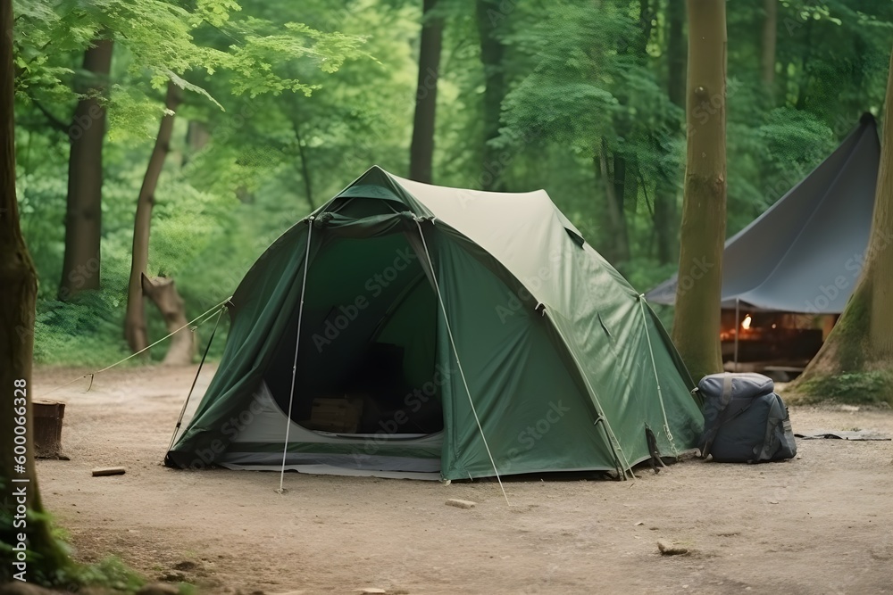 A green tent pitched in a campground surrounded by trees and nature.
