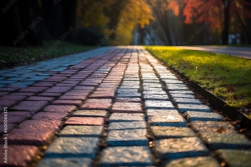 A vibrant cobblestone path separates a lush green lawn in two.