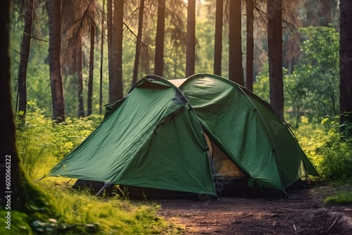 A green tent is set up in a campground for a picnic during a camping trip.