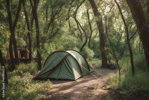 A green tent pitched at a campground for a camping picnic.