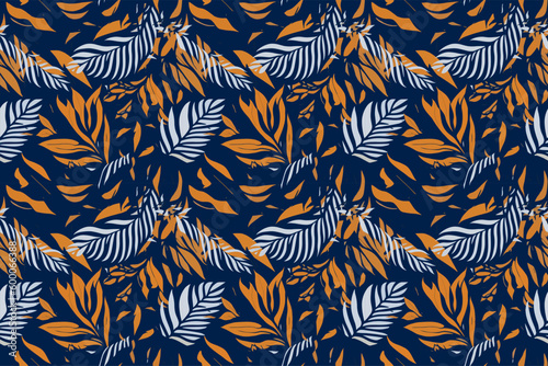This creative and modern illustration features exotic jungle plants in a collage style pattern. The contemporary design makes this pattern perfect for fashion, drees and home decor applications