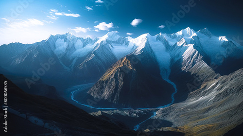 Breathtaking View of Snow-Capped Mountain Range with Glaciers and Valley   Blue Sky   Made using Generative AI © M Bilal